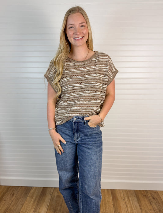 Striped Crochet Short Sleeve Sweater Top - Mocha