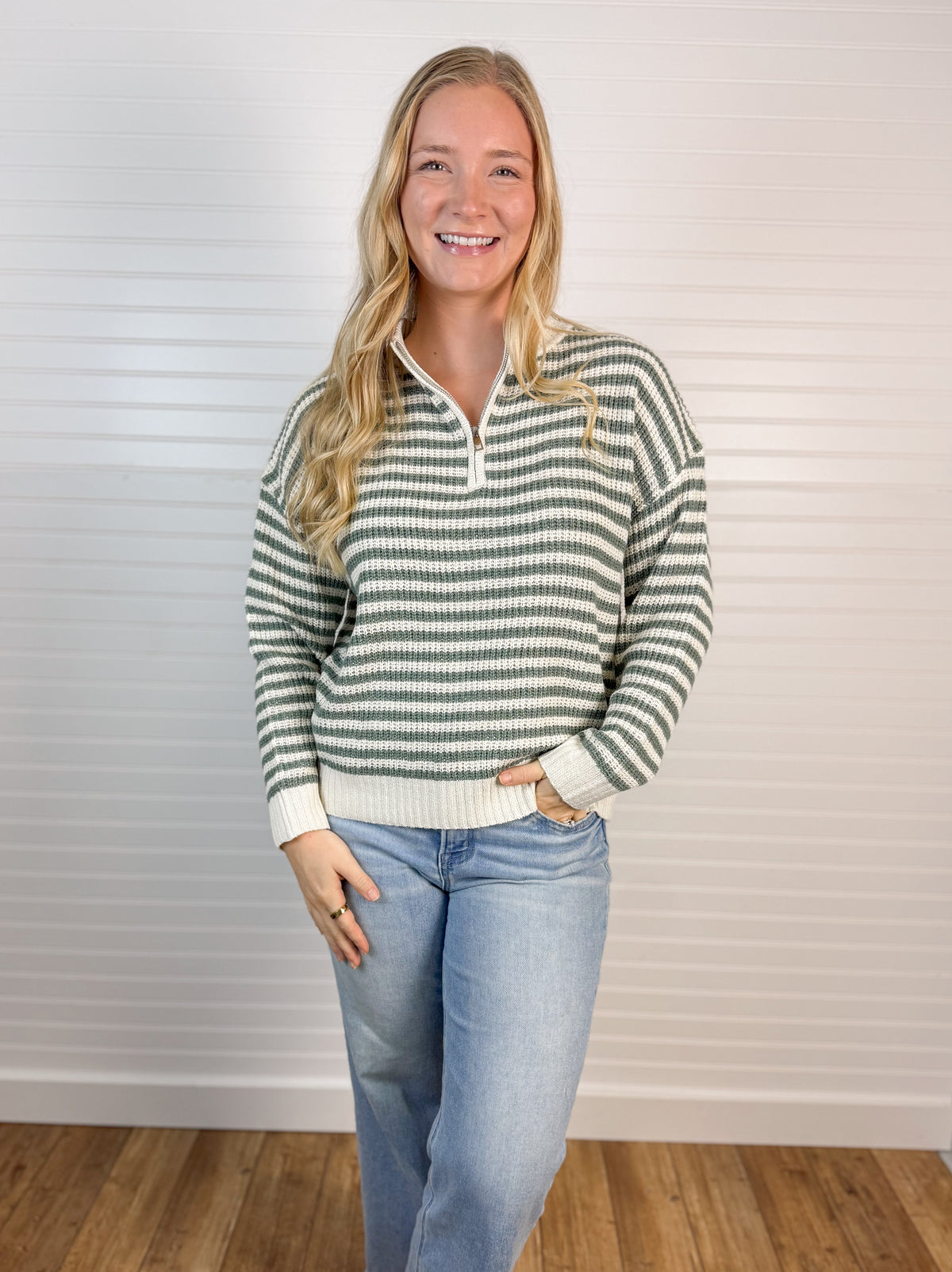 Half Zip Stripe Crochet Pullover - Dark Sage