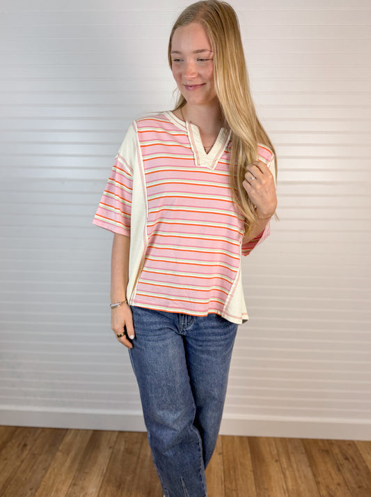 Striped Contrast Loose Fit Tee - Pink/Yellow