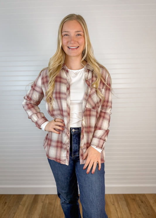 Plaid Long Sleeve Flannel - Berry