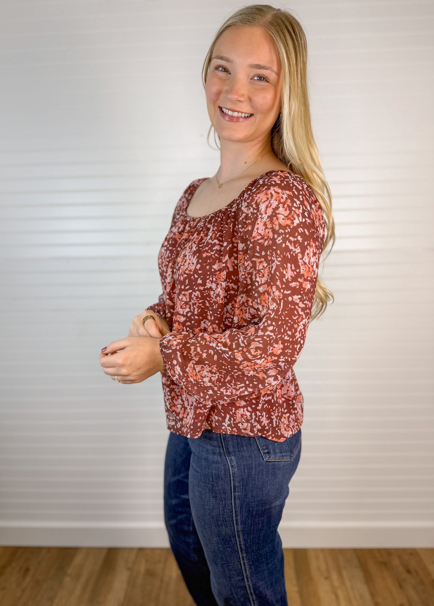 Square Neck Floral Long Sleeve - Wine