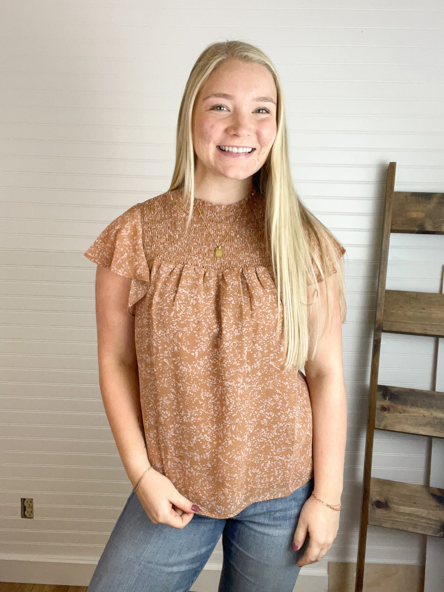 Floral Smocked Blouse - Clay