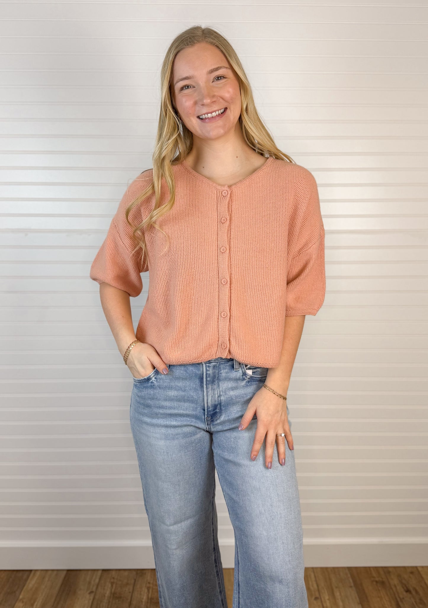 Textured Knit Crop Cardigan - Peach
