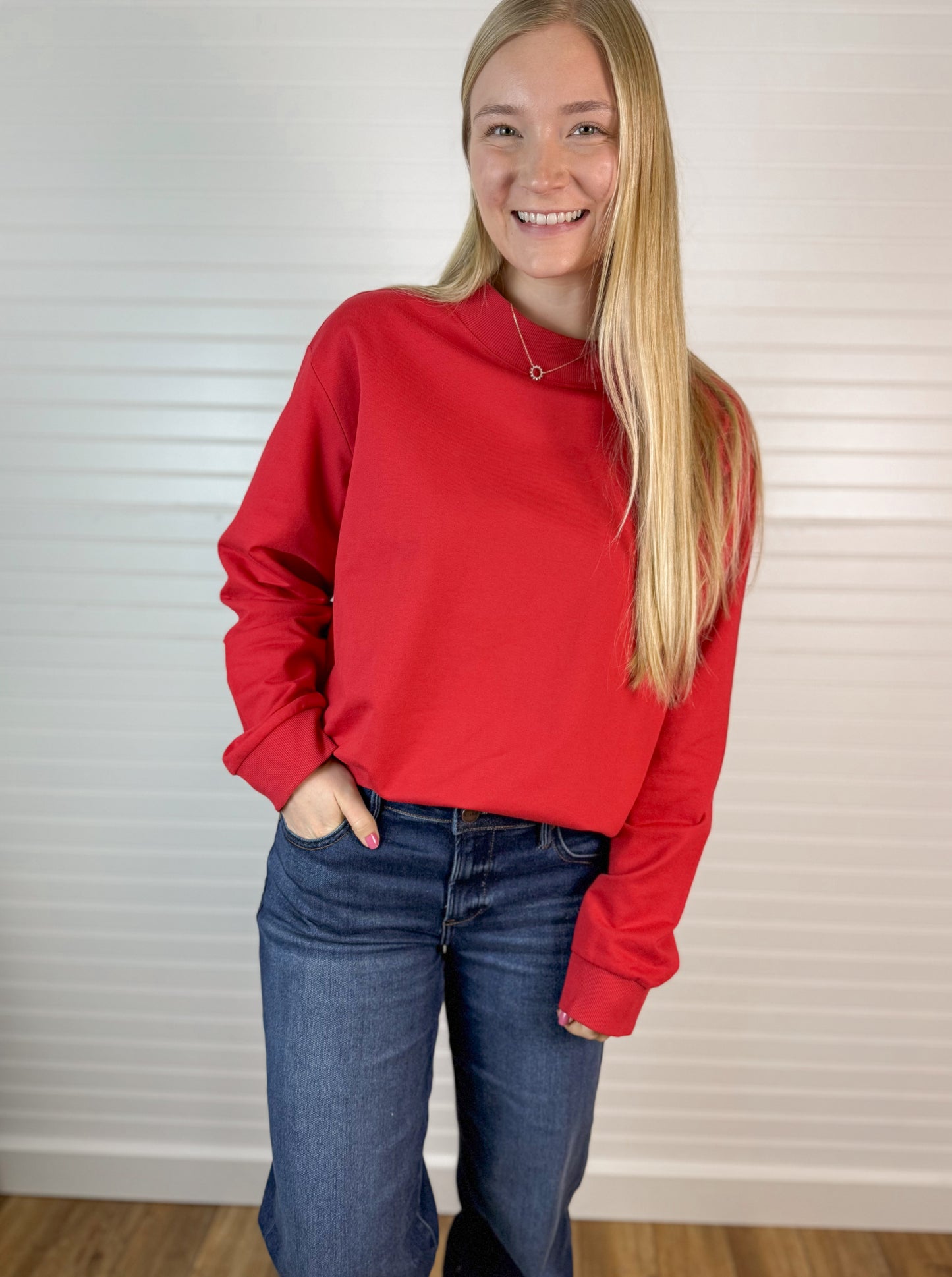 Mock Neck Terry Sweatshirt - Crimson