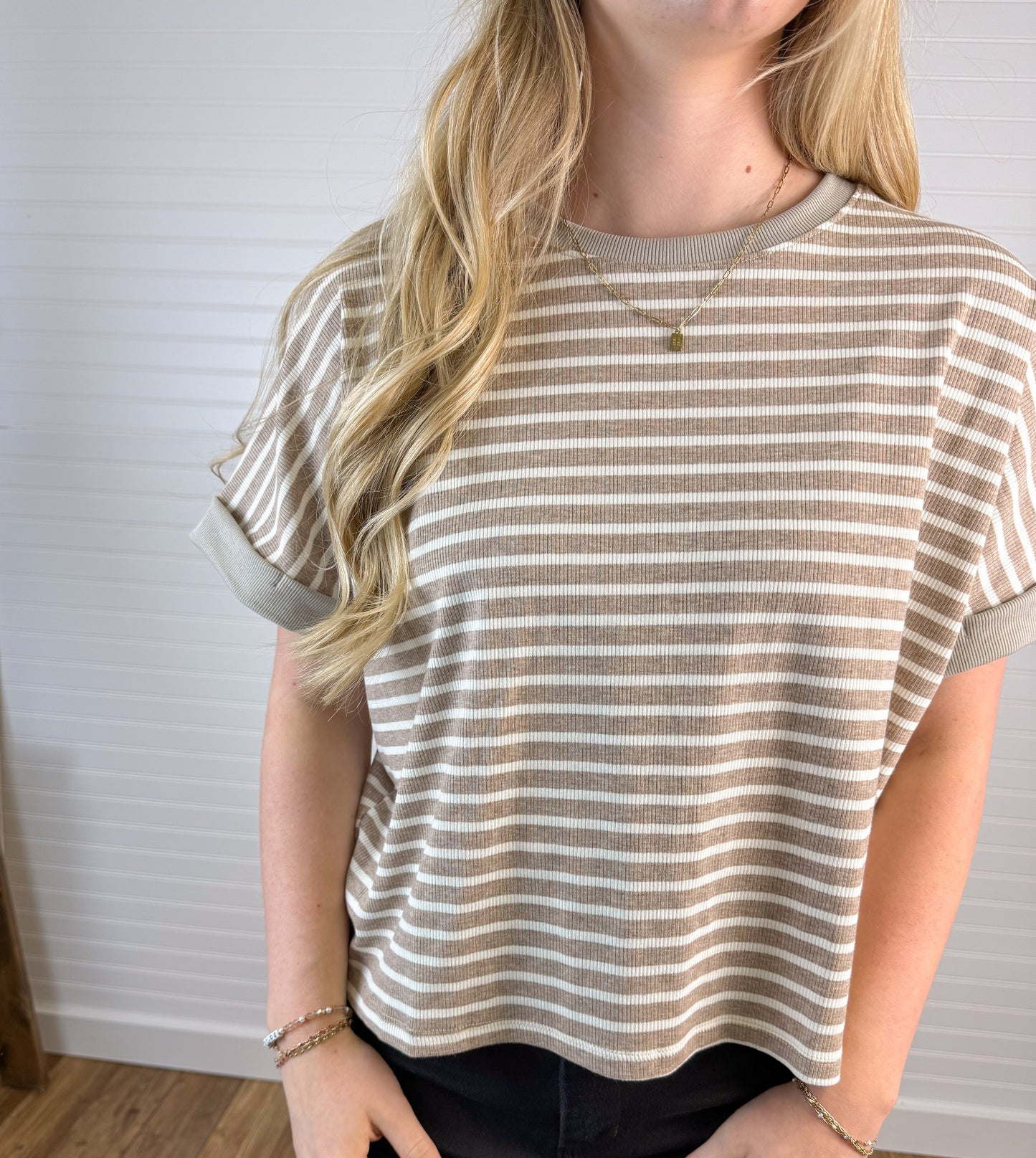 Contrast Ribbed Stripe Knit Top - Taupe
