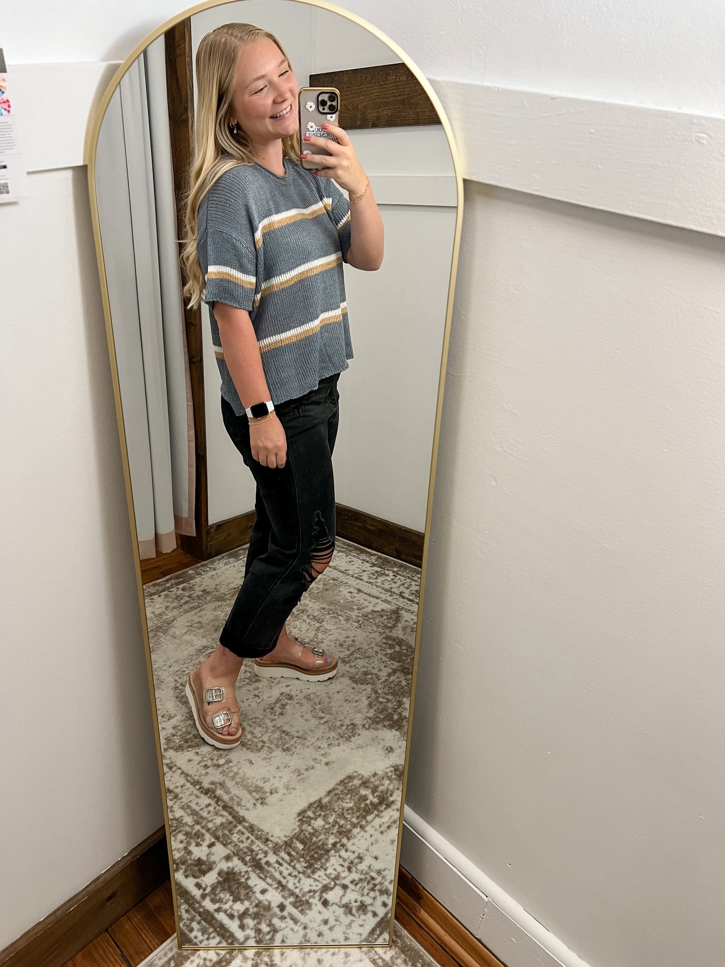 Striped Short Sleeve Sweater - Blue/Taupe