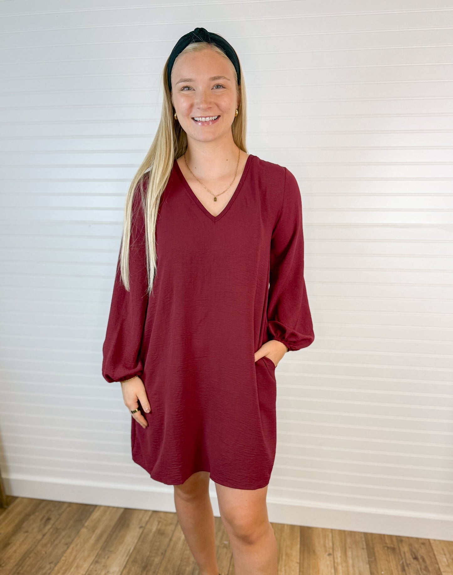 Airflow V-Neck Long Sleeve Dress - Wine