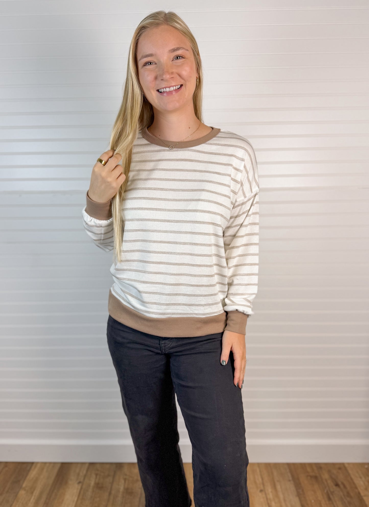 Striped Knit Long Sleeve Top - Mocha/Ivory
