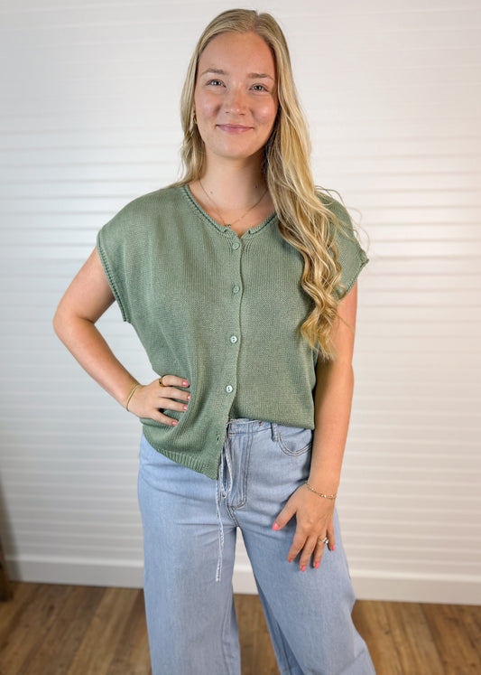 Round Neck Button Down Sweater Top - Sage