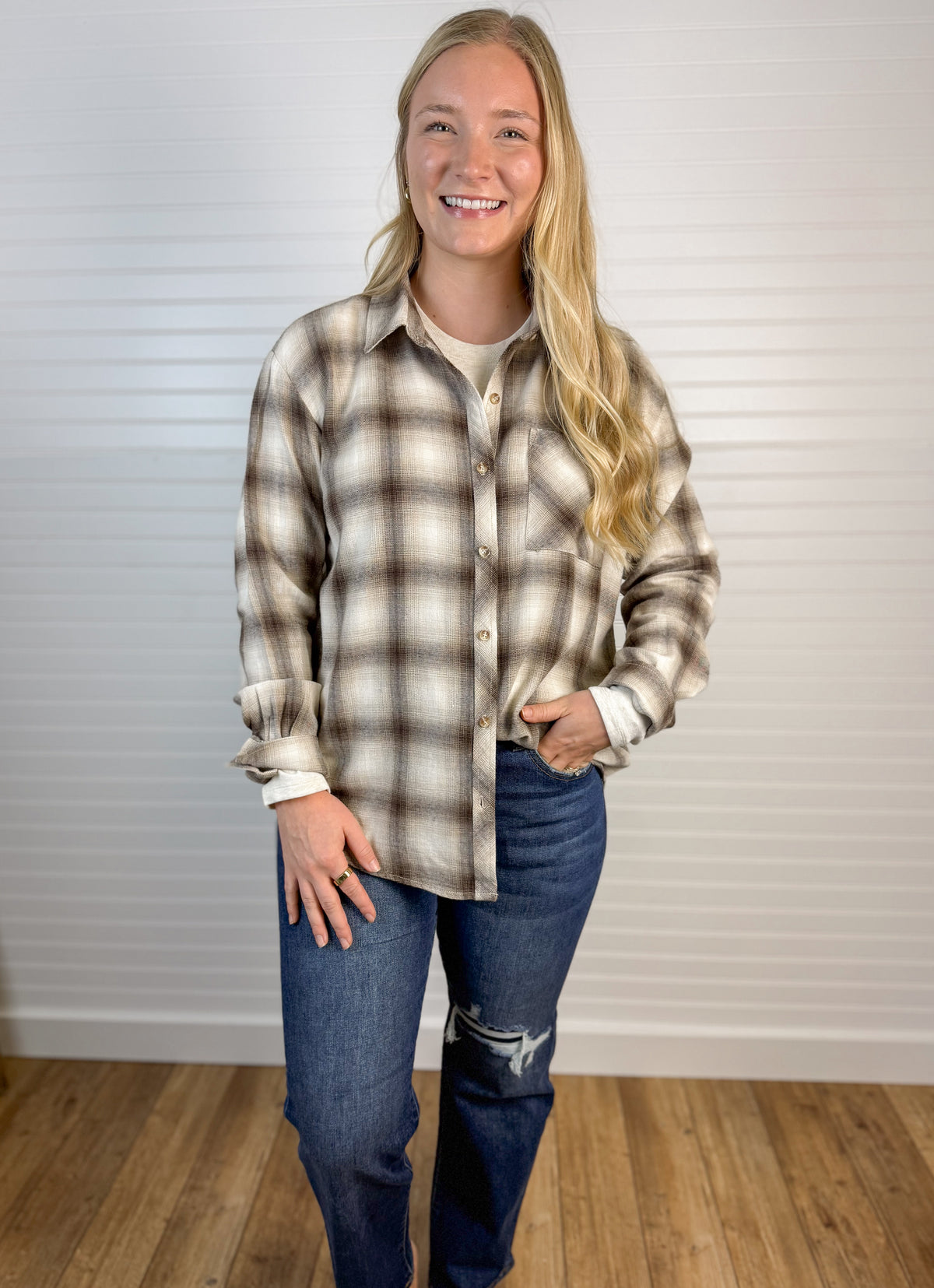 Vintage Cotton Plaid Flannel Top - Brown/Ivory