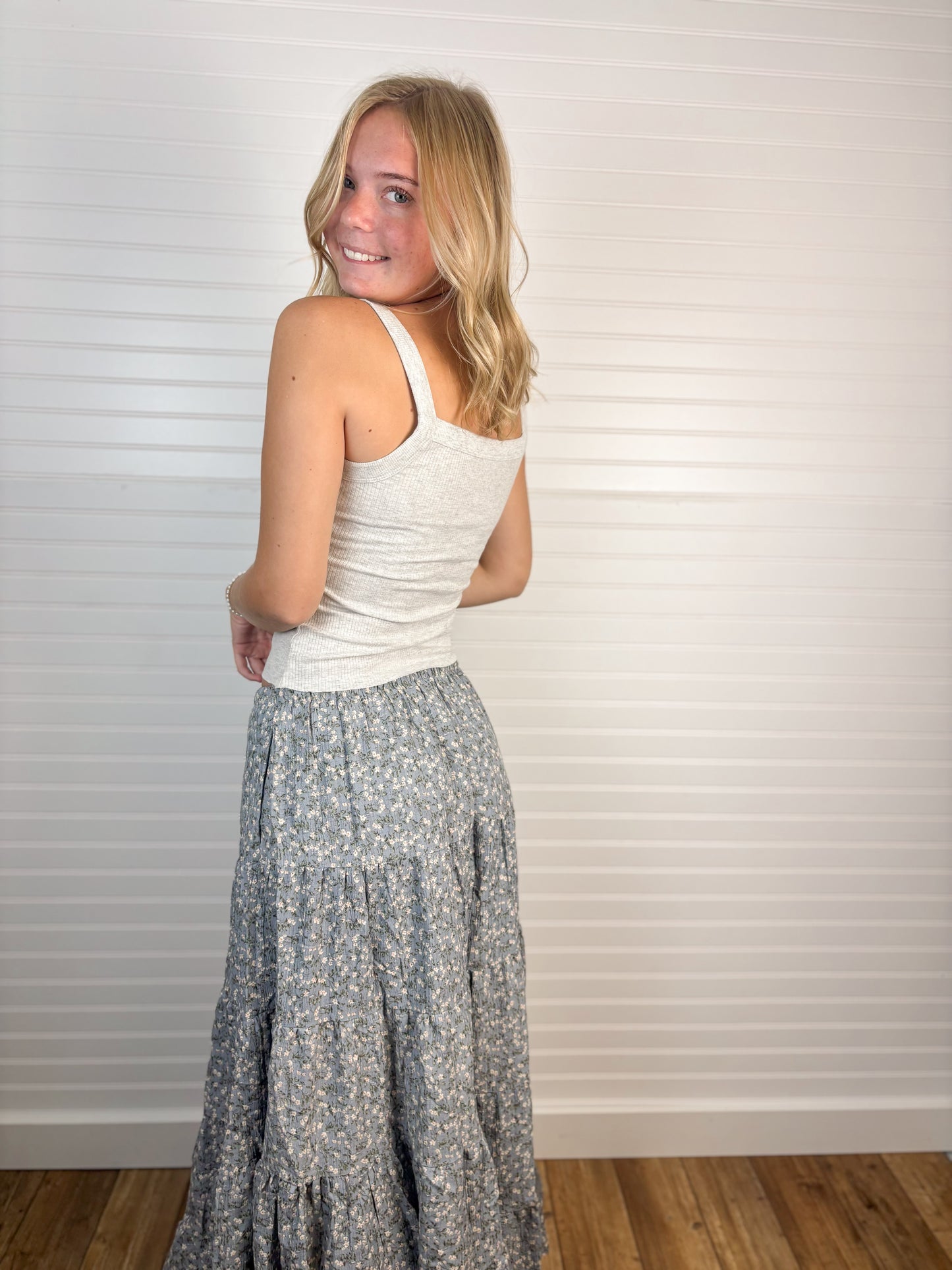 Textured Tiered Floral Skirt - Light Blue