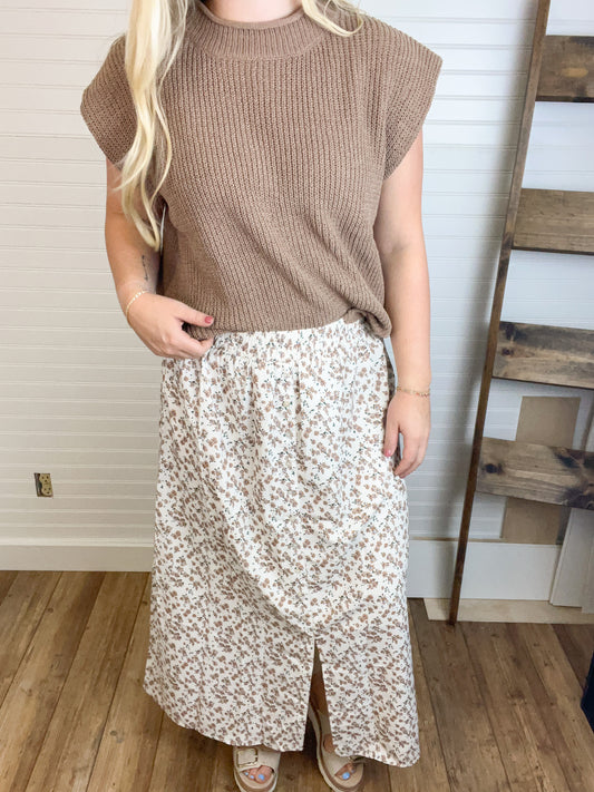 Floral Buttoned Midi Skirt - Cream