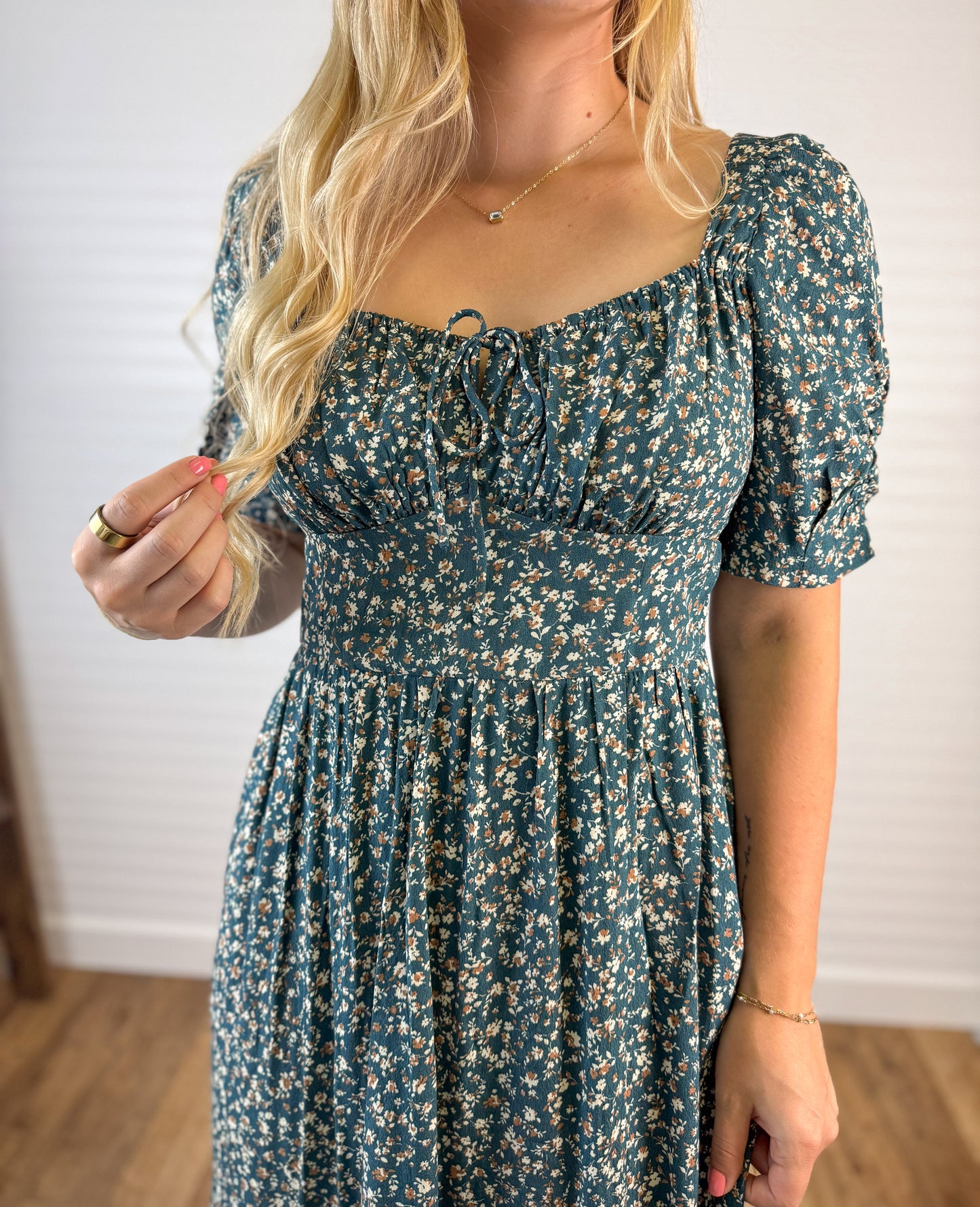 Ruched Chest Ditsy Midi Dress - Teal