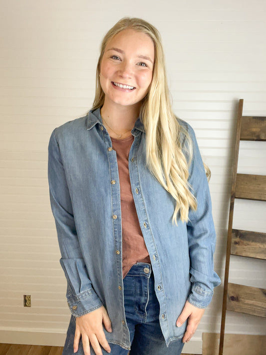 Grace Button Down Top - Medium Wash