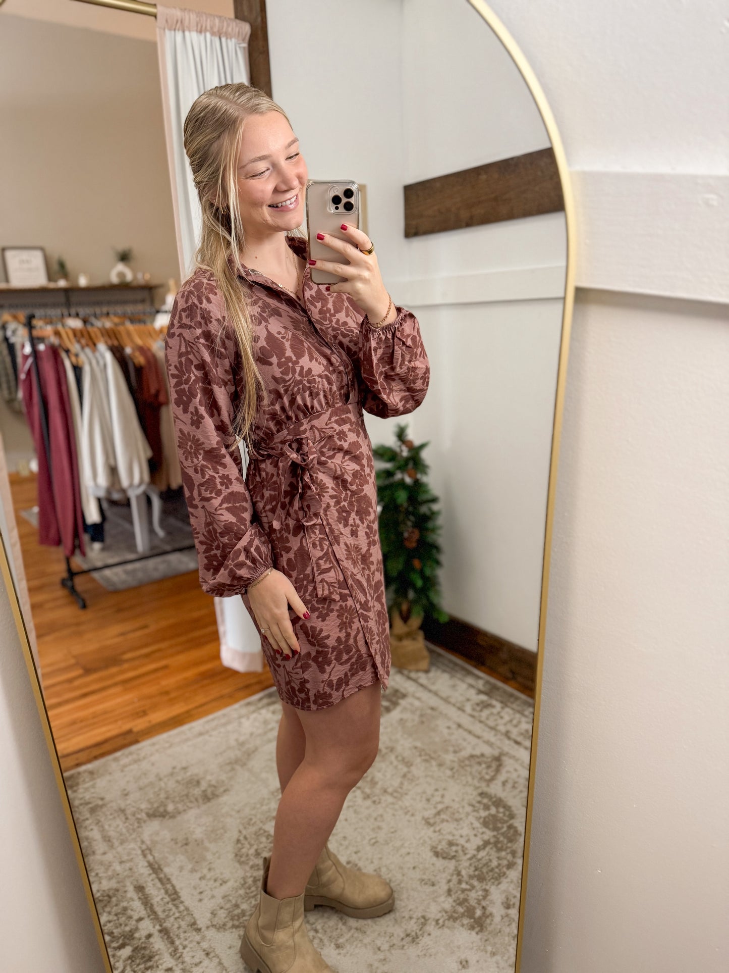 Collar Button Up Long Sleeve Floral Dress