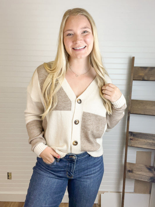 V-Neck Color Block Sweater - Taupe