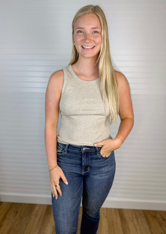 Crewneck Ribbed Tank Top - Taupe Heather
