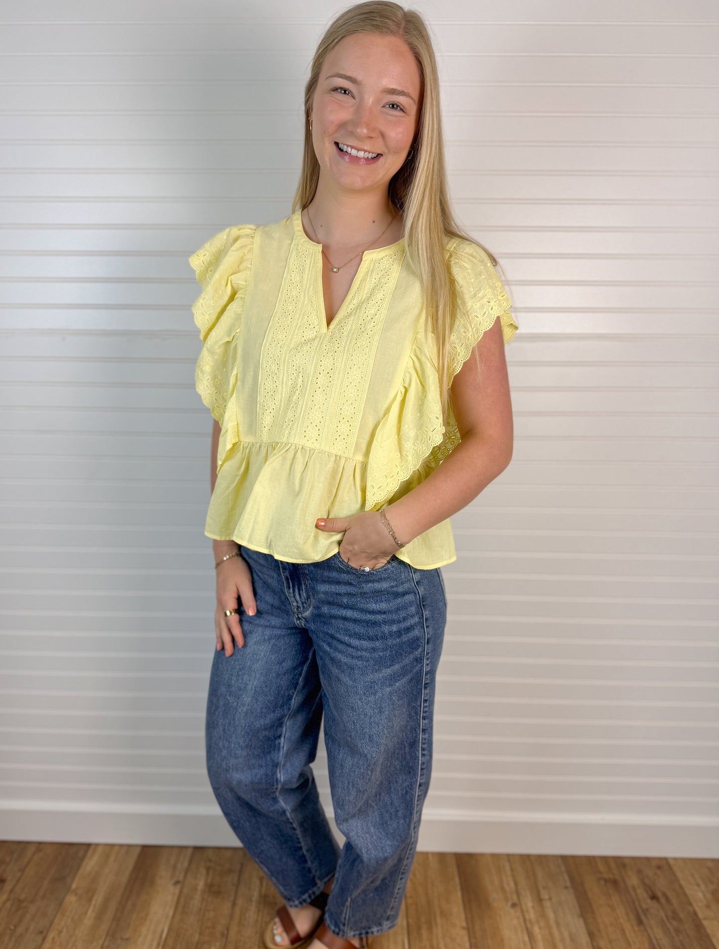 Delicate Eyelet Ruffle Cotton Blouse - Lemon