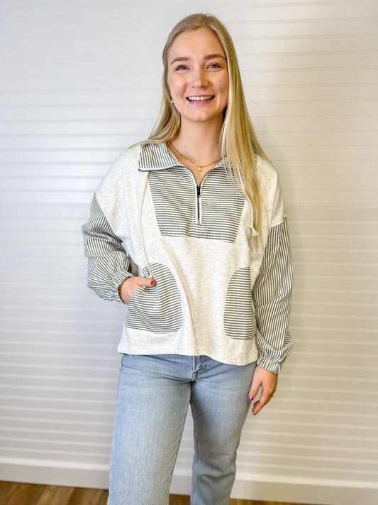 Stripe Half Zip Terry Sweatshirt - Green