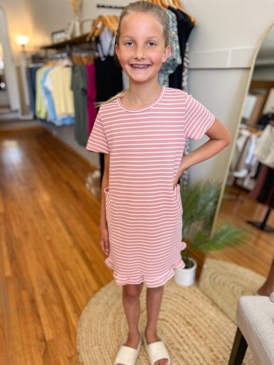 Girls Waffle Knit Striped Dress - Pink