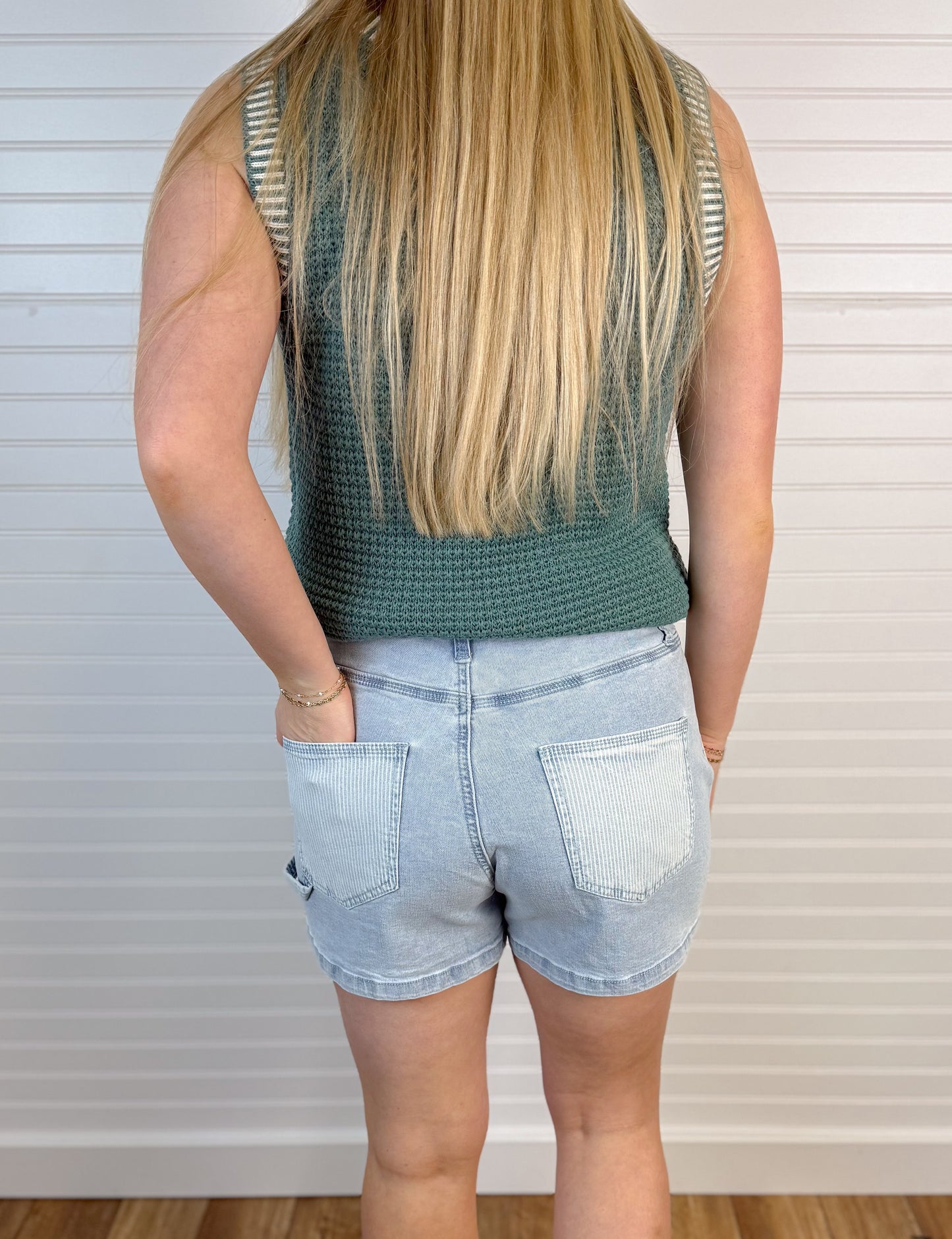 Cotton Blend Stripe Contrast Shorts - Blue/White