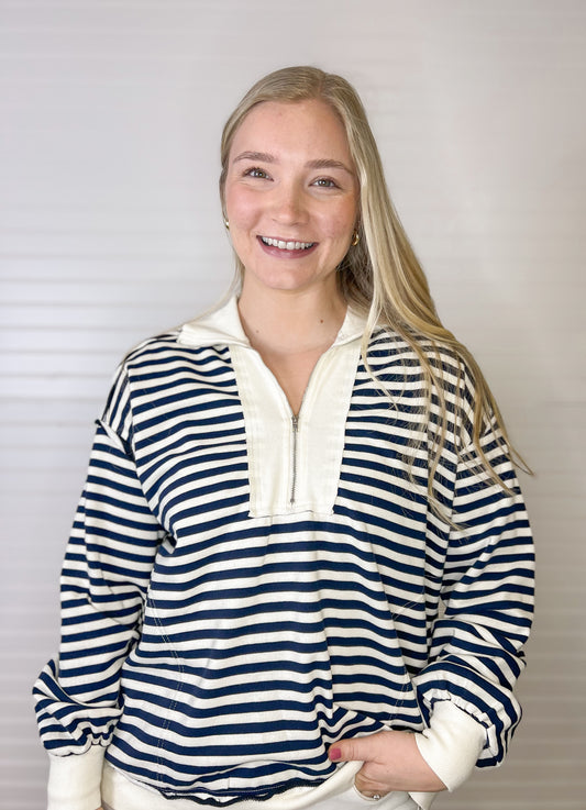 Quarter Zip Striped Pullover - Navy