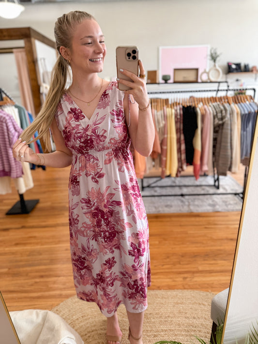 Shoulder Detail Floral Midi Dress - Mauve