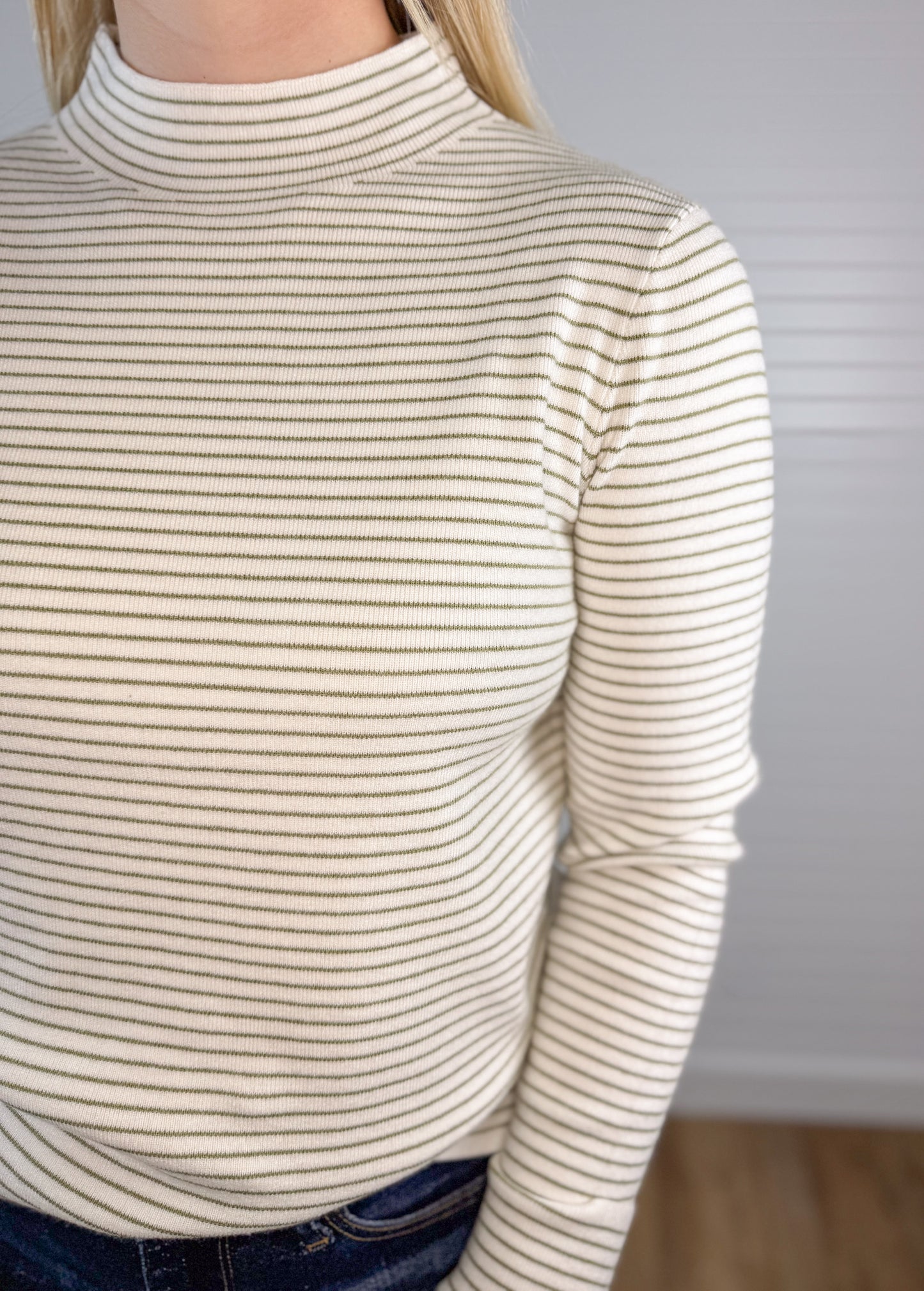 Pinstriped Knit Mock Neck - Ivory/Olive