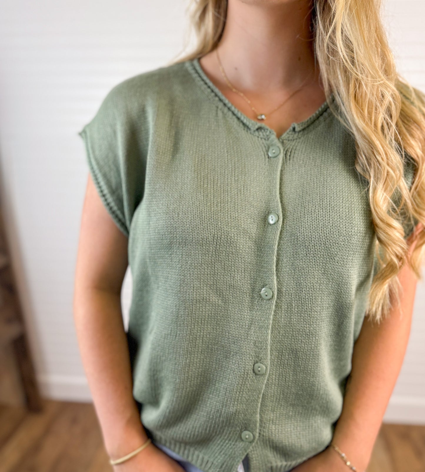 Round Neck Button Down Sweater Top - Sage