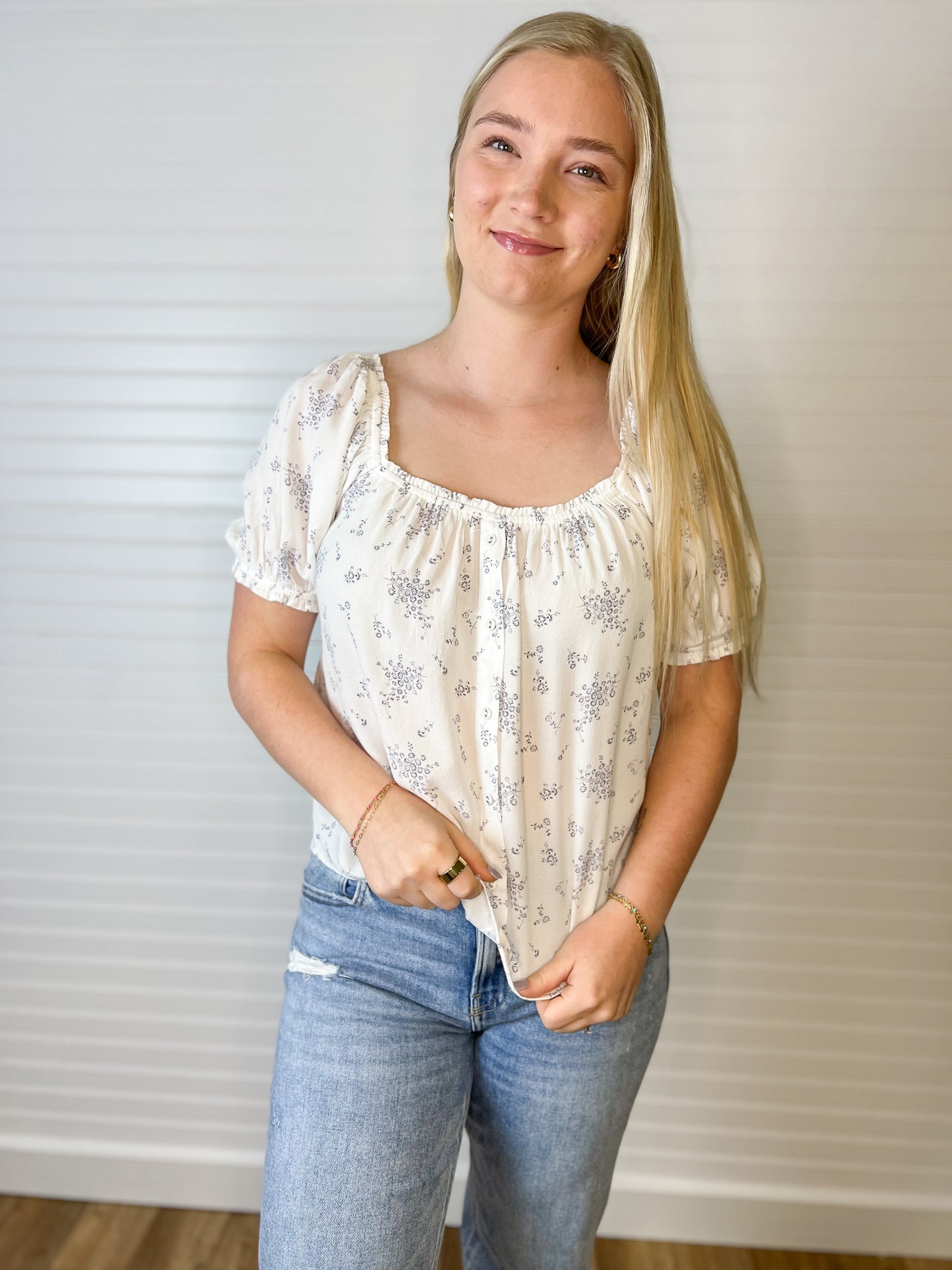 Printed Button-Up Top - Denim/White