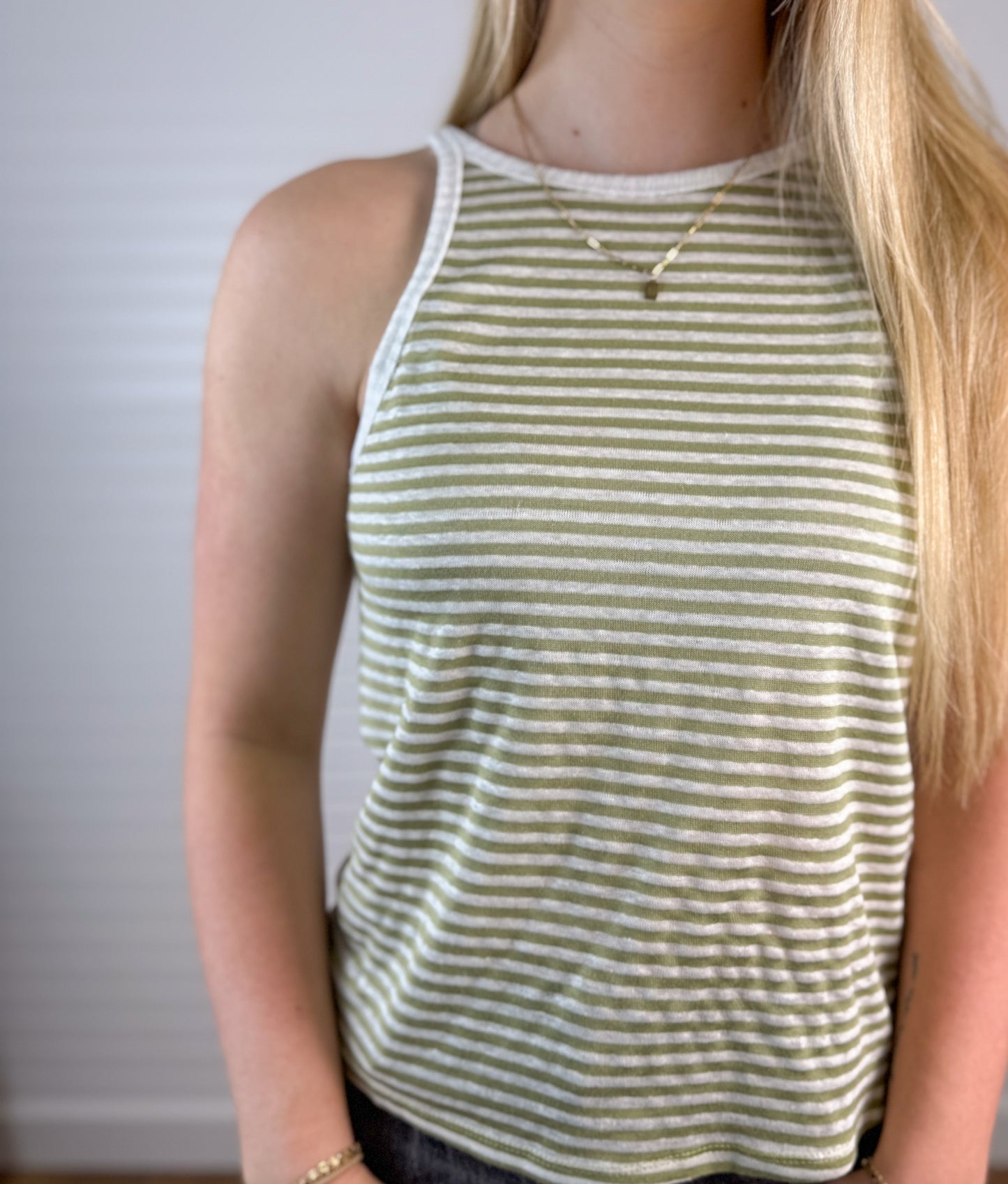 Linen Blend Striped Tank - Kiwi