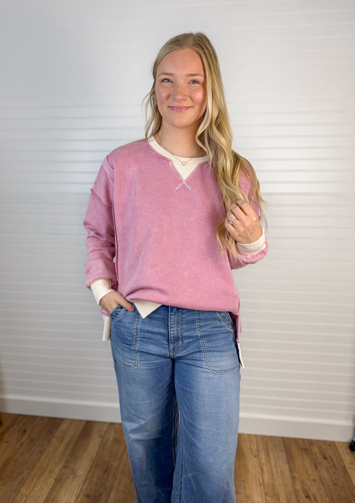 Fleece Acid Washed Contrast Pullover - Rose