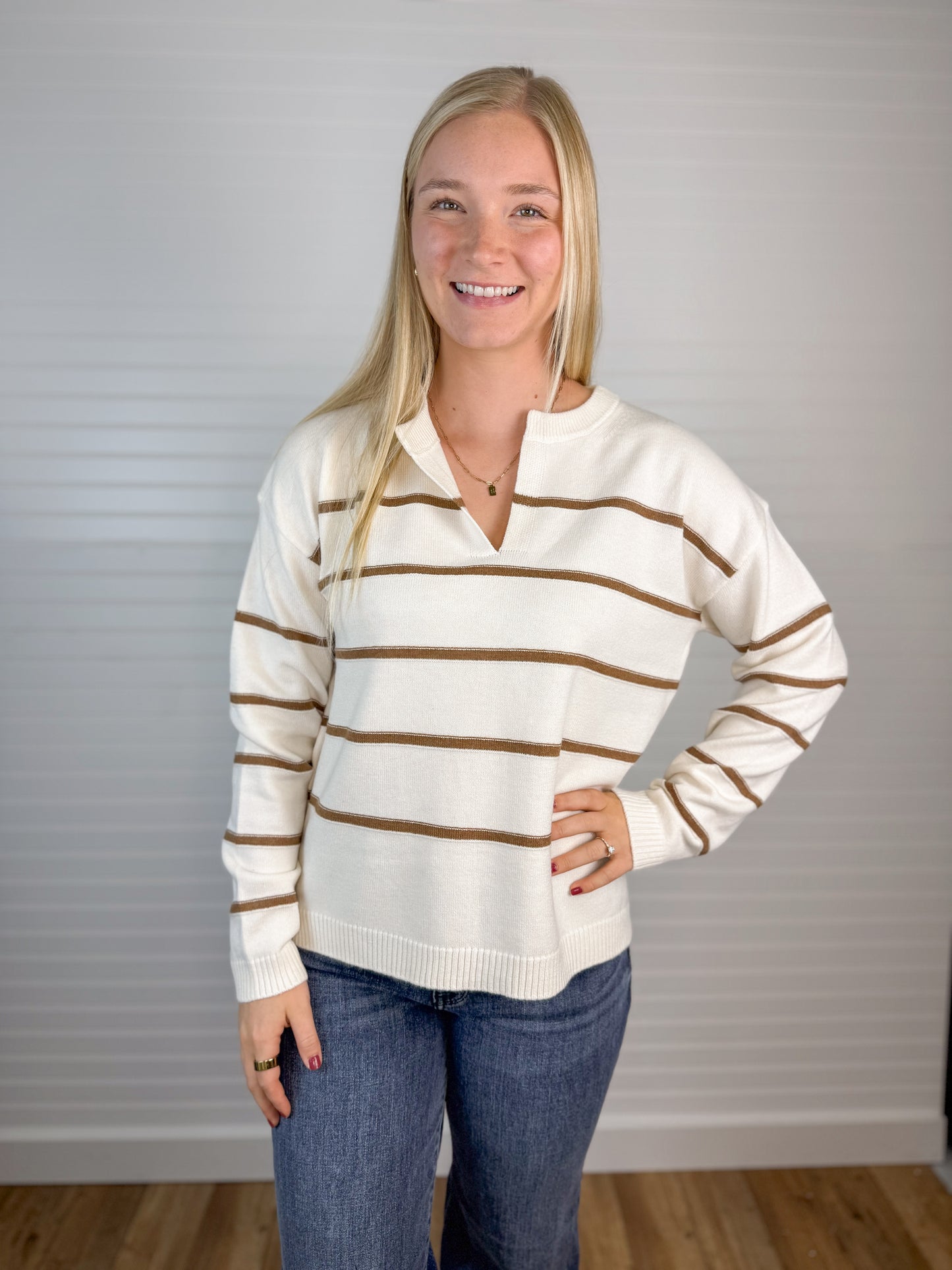 Striped V-Neck Sweater - Cream/Mocha