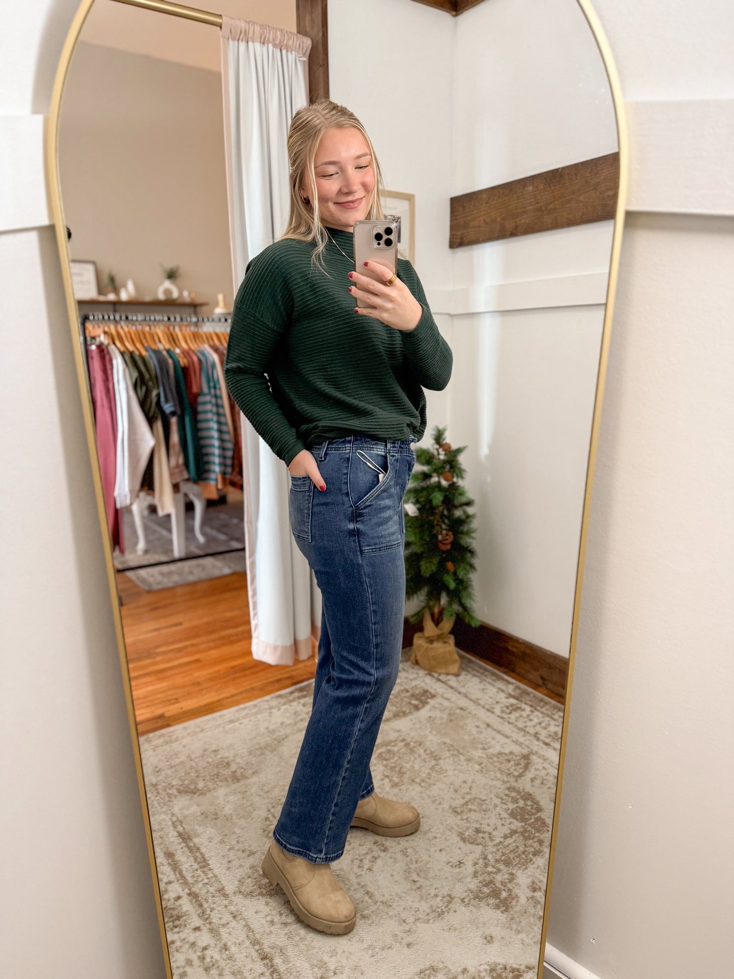 High Rise Ankle Flare Patch Pocket Denim