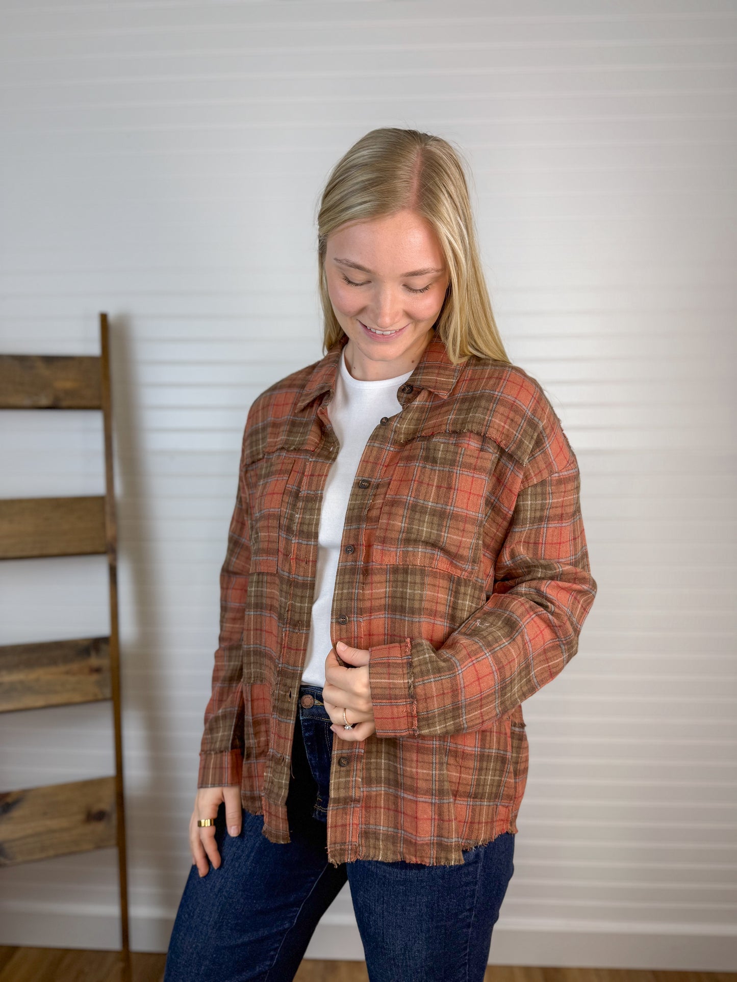 Button Down Washed Plaid Flannel - Rust