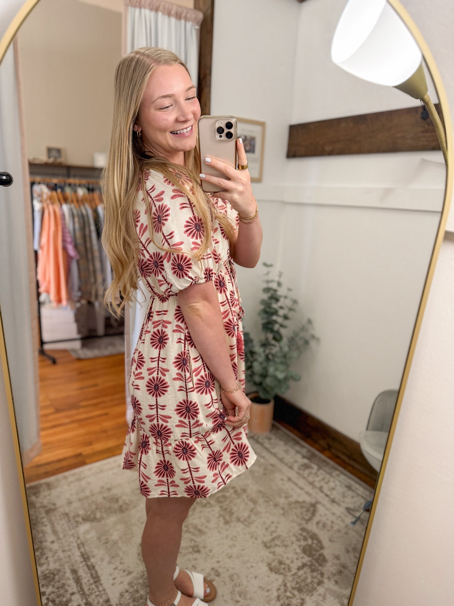Floral V-Neck Puff Sleeve Dress - Rose