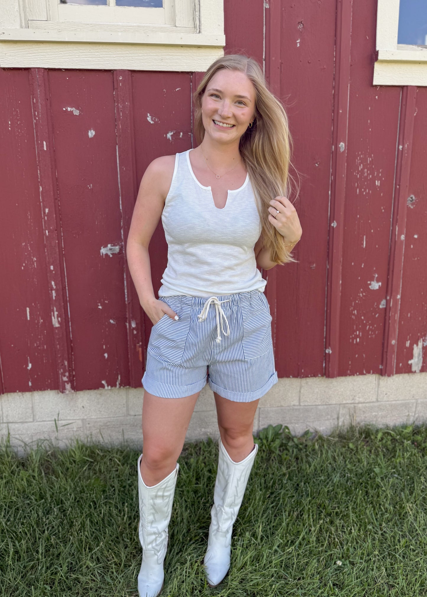 Ribbed Knit Notch Tank Top - Ivory