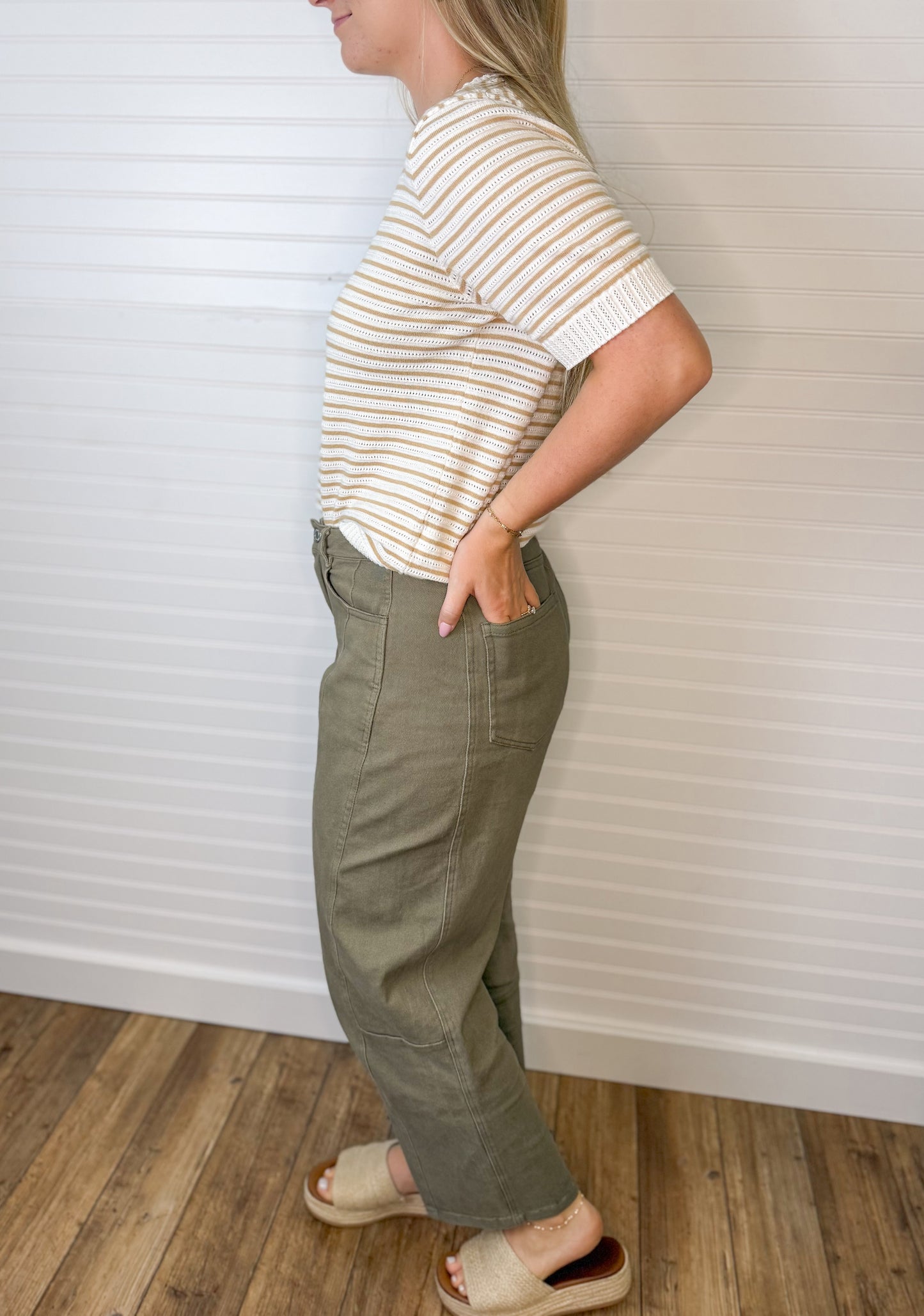 Midrise Barrel Cotton Twill Denim - Olive