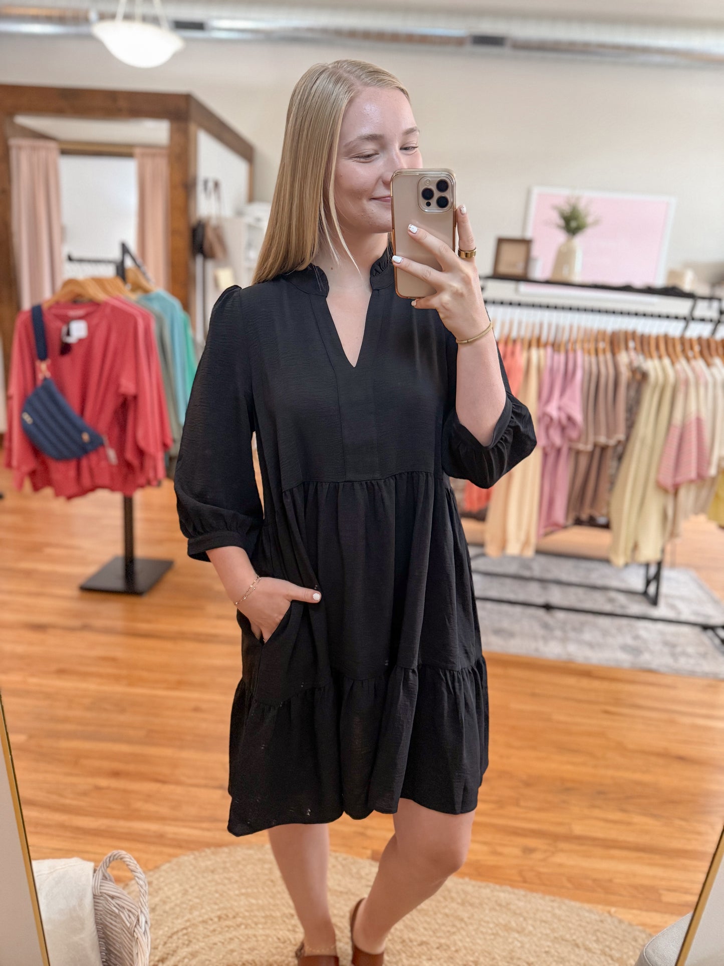 Frilled Split Neck Dress - Black