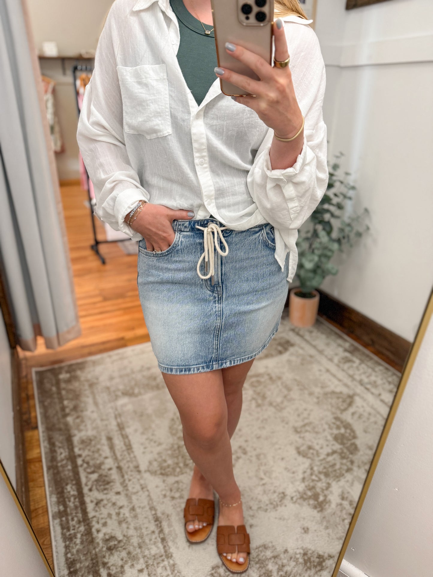 Midrise Drawstring Denim Skirt - Light Wash