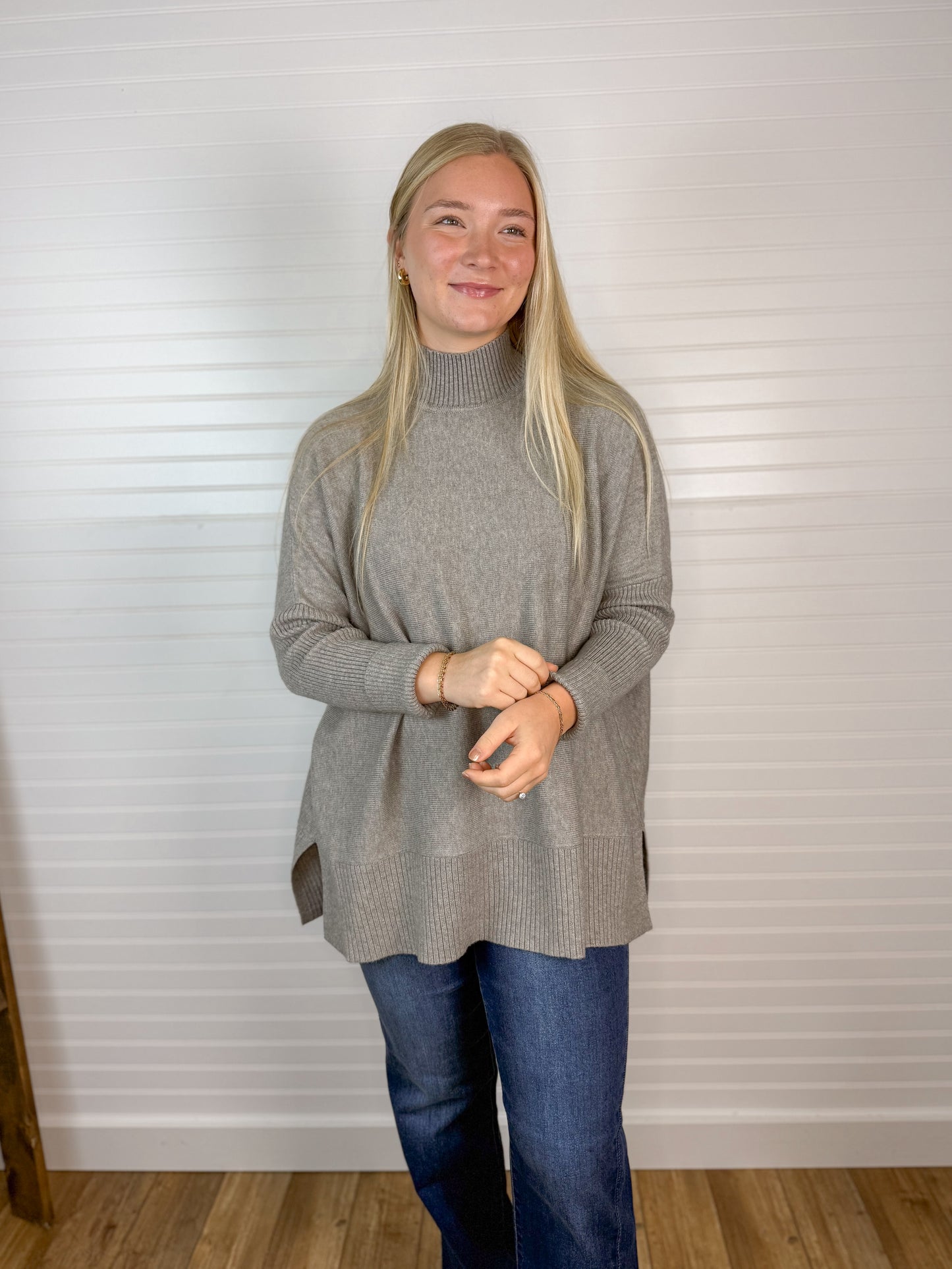 Oversized Mock Neck Side Slit Sweater - Grey