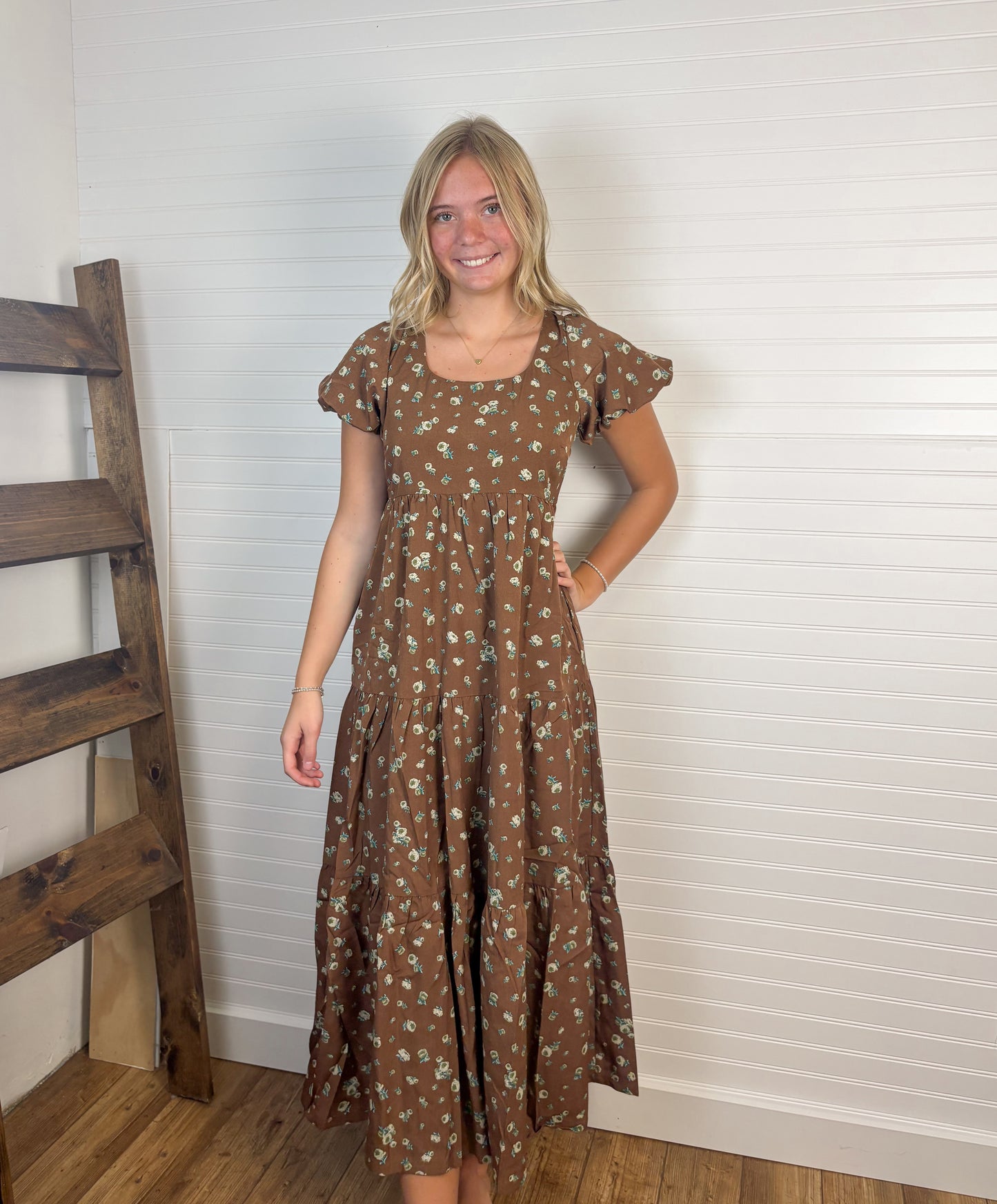 Floral Puff Sleeve Midi Dress - Brown