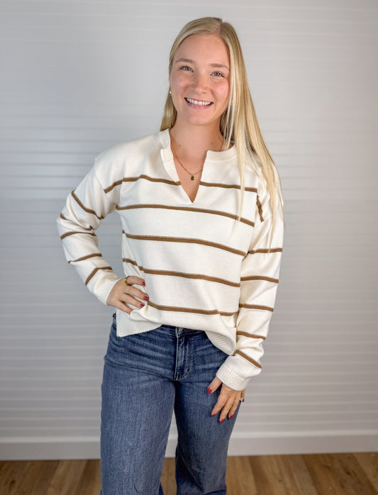 Striped V-Neck Sweater - Cream/Mocha