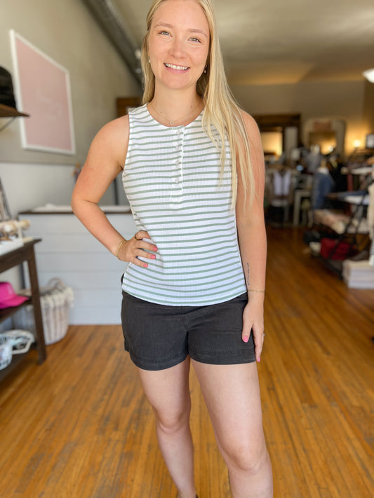Striped Ribbed Button Down Tank - Sage