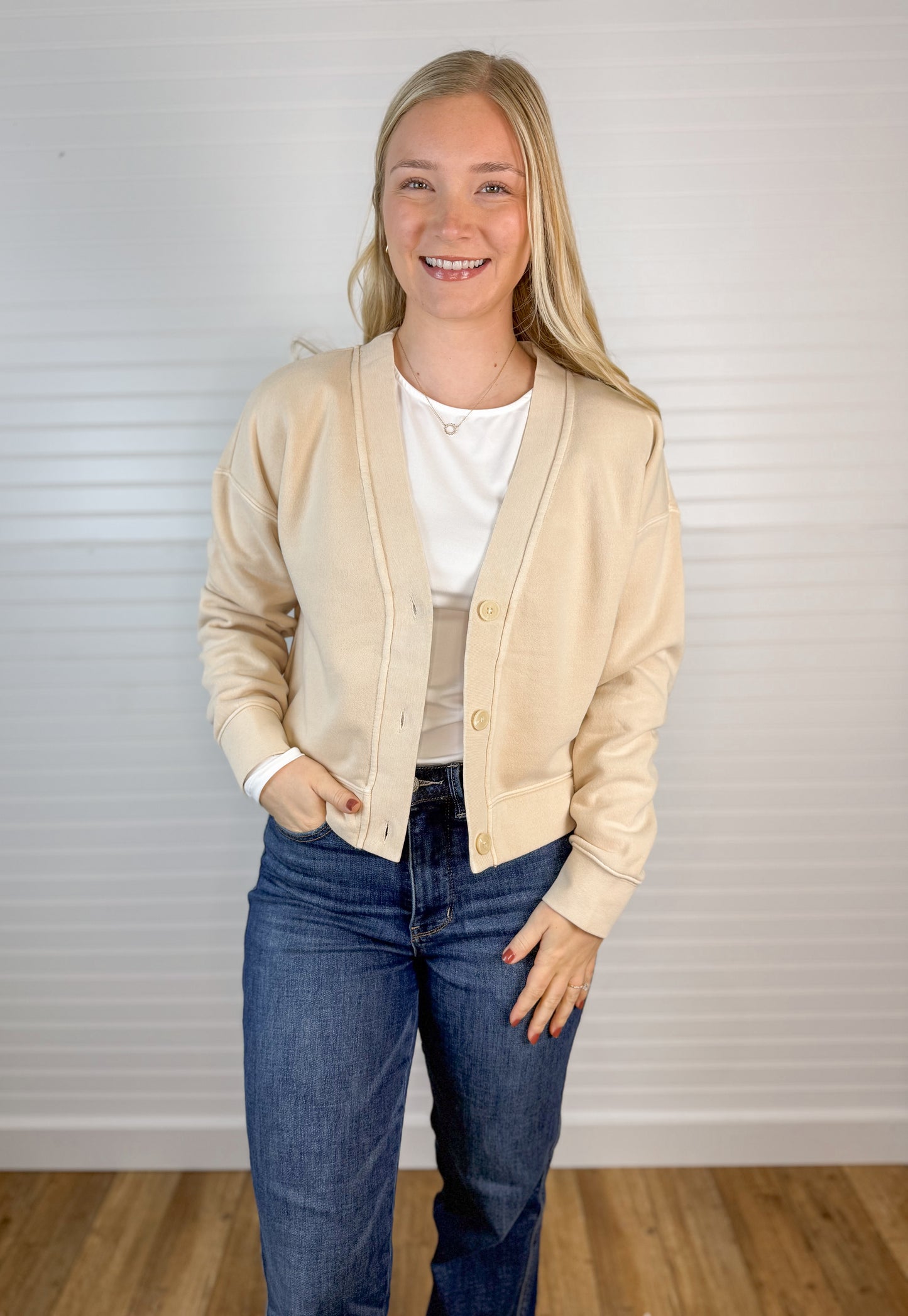 Brushed Fleece Button Front Cardigan - Oatmeal