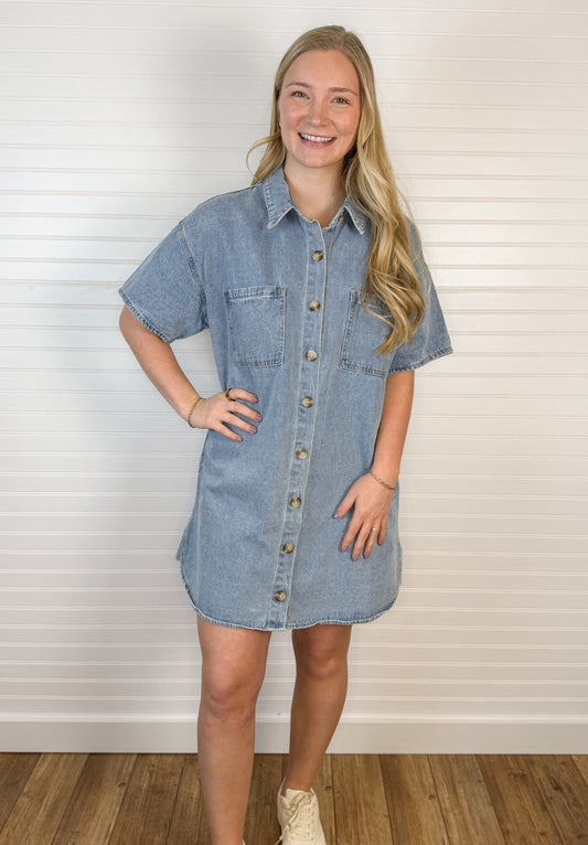 Cotton Denim Shirt Mini Dress