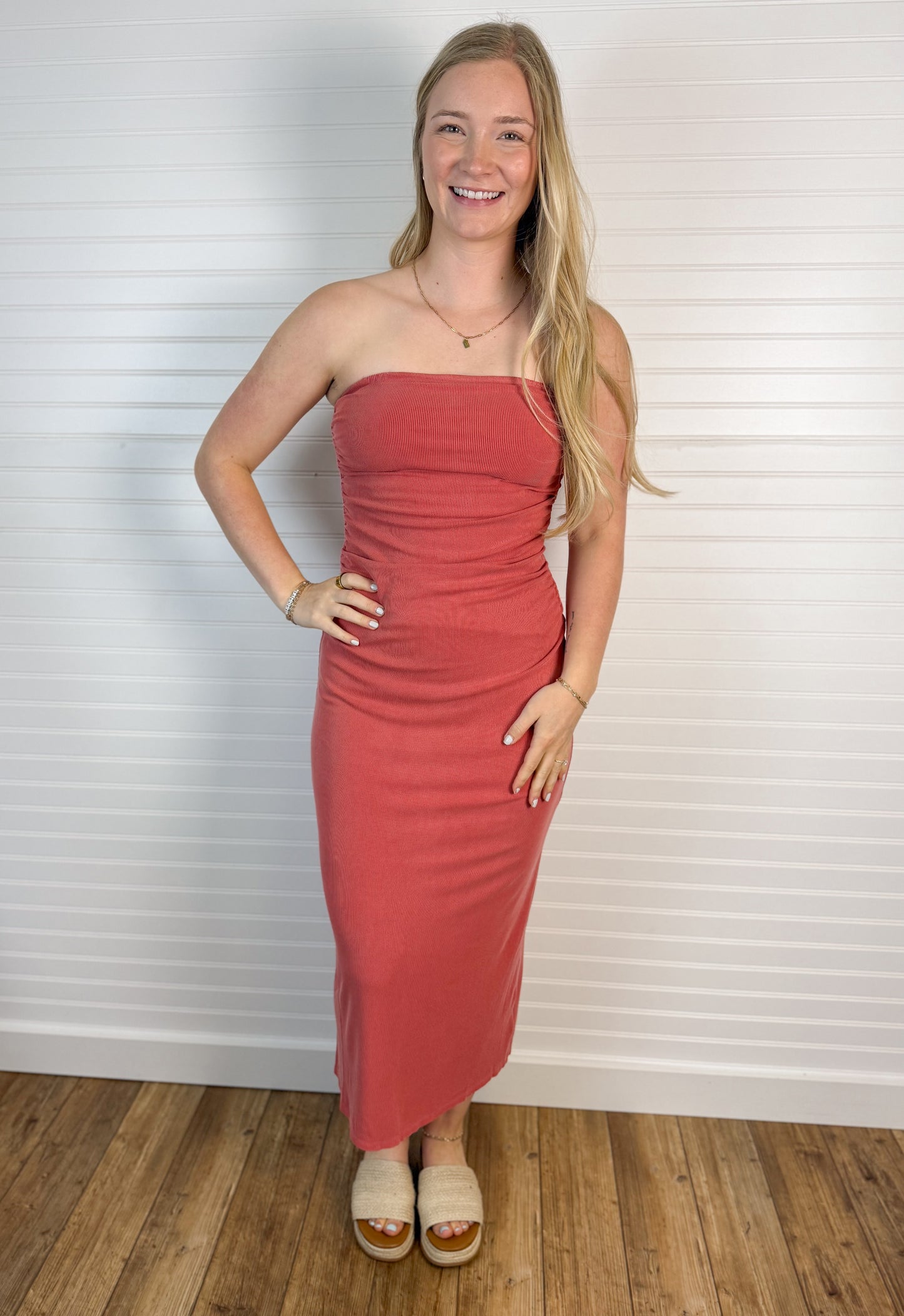 Ribbed Midi Strapless Dress - Pink