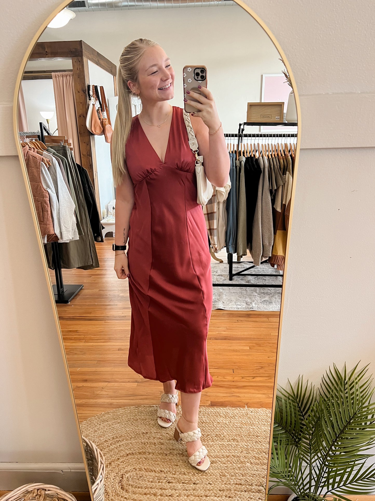 Sleeveless Satin Midi Dress - Wine