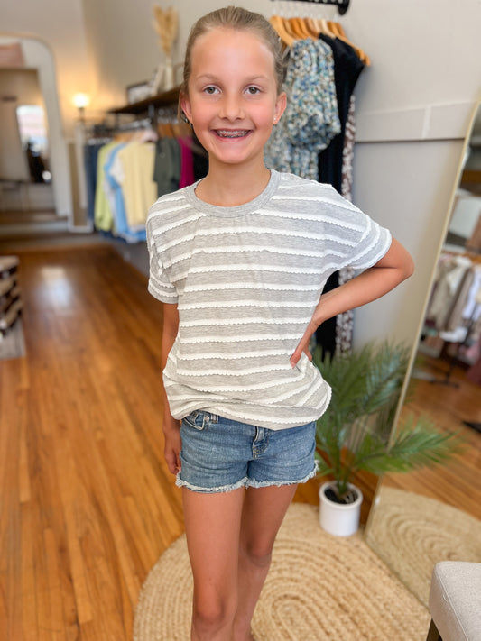 Girls Lace Striped Tee - Gray