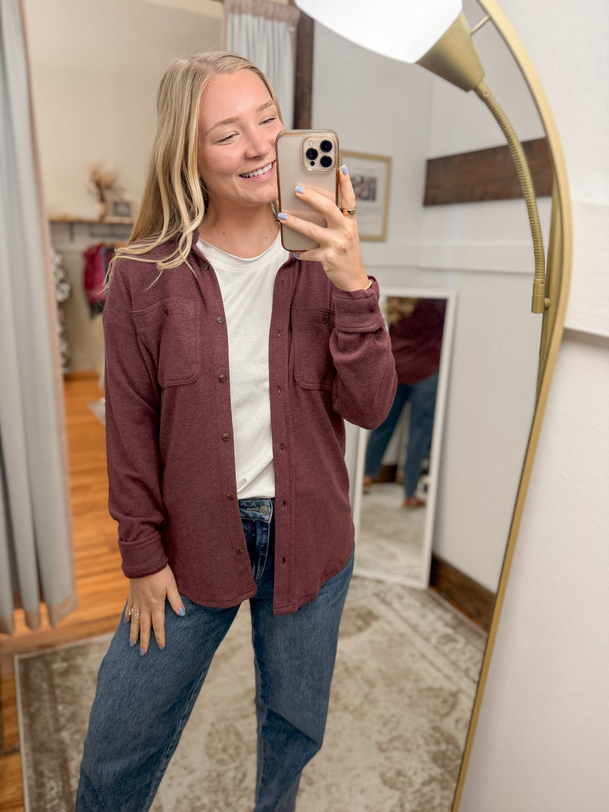 Lewis Soft Button Down Top - Burgundy Heather